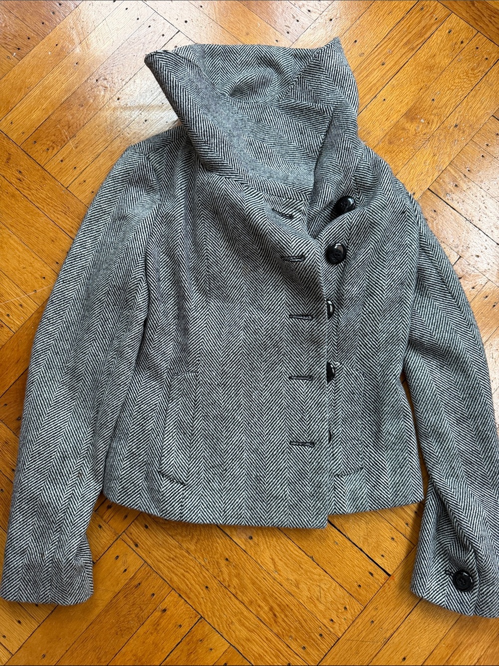 Tulle Black & White Herringbone Tweed Funnel Collar Blazer